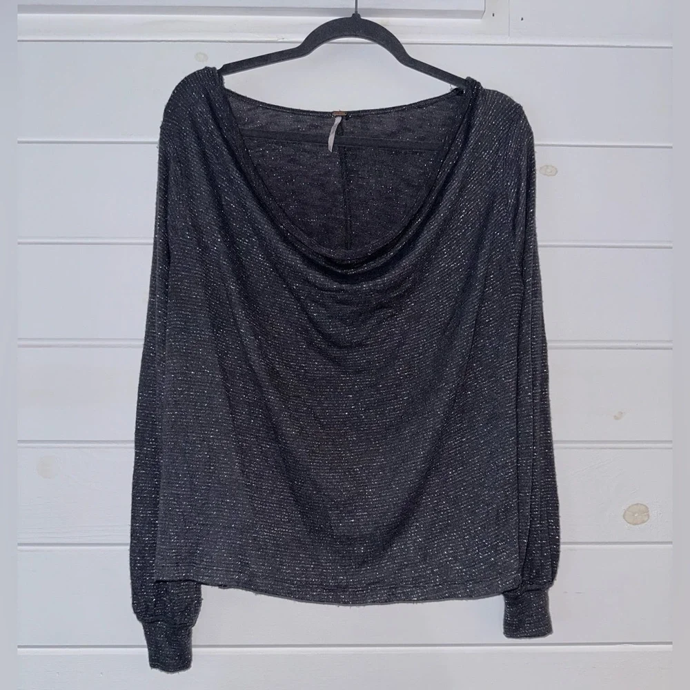 Free People Metallic Shimmer Draped Cowl Neck Long Sleeve Boho Oversized Top S